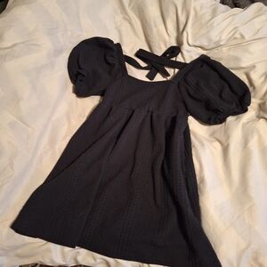 Knit-Like Black Puff Sleeve Dress